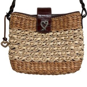 Brighton Straw Shoulder Handbag Leather Closure Strap Logo Heart FOB